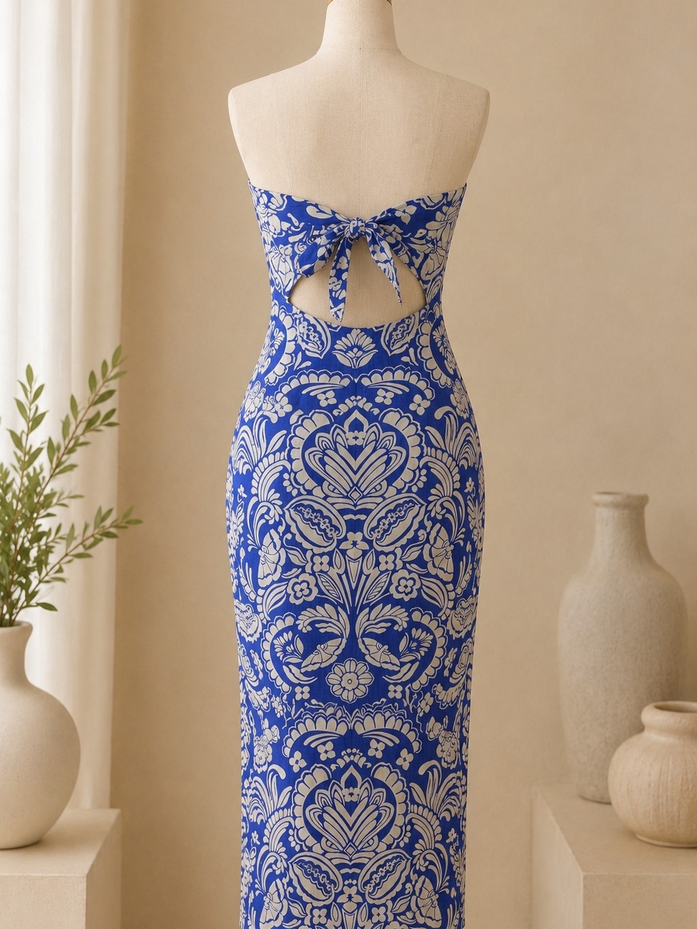 Lavender Brown Blue and Cream Strapless Printed Midi Dress - Picture 3 of 4